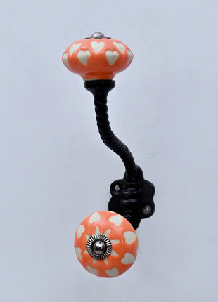 White Heart Motif Ceramic Knob With Metal Wall Hanger
