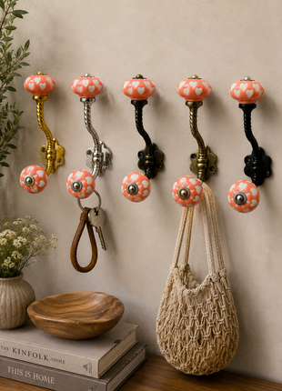 White Heart Motif Ceramic Knob With Metal Wall Hanger
