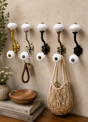 White Ceramic Knob With Metal Wall Hanger