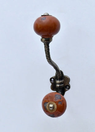Rustic Mottled Brown Ceramic Knob With Metal Wall Hanger