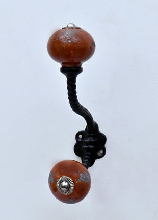 Rustic Mottled Brown Ceramic Knob With Metal Wall Hanger