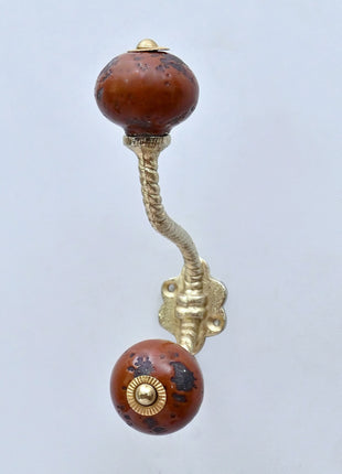 Rustic Mottled Brown Ceramic Knob With Metal Wall Hanger