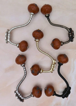Rustic Mottled Brown Ceramic Knob With Metal Wall Hanger