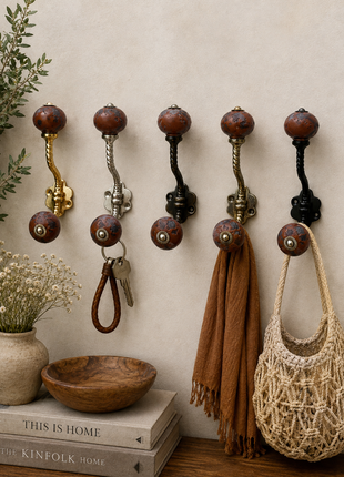 Rustic Mottled Brown Ceramic Knob With Metal Wall Hanger