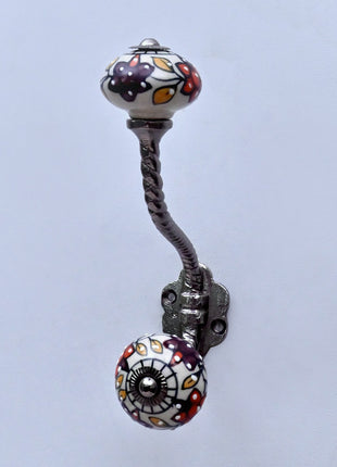 Floral Painted Ceramic Knob With Metal Wall Hanger