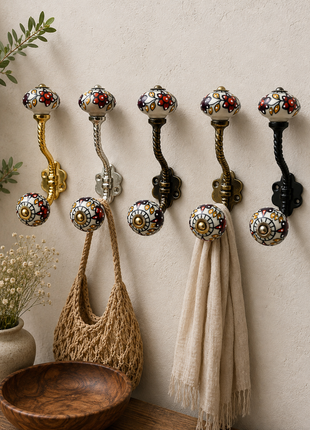 Floral Painted Ceramic Knob With Metal Wall Hanger