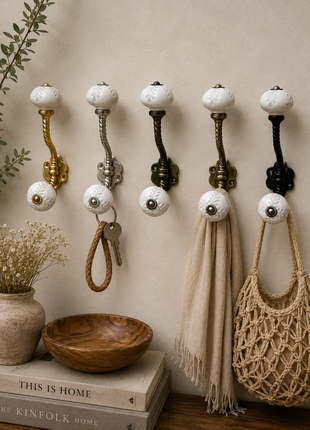Textured Carved Off-White Ceramic Knob With Metal Wall Hanger