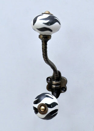 Black and White Zebra Stripe Ceramic Knob With Metal Wall Hanger
