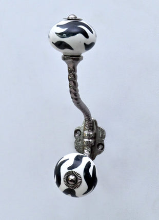 Black and White Zebra Stripe Ceramic Knob With Metal Wall Hanger