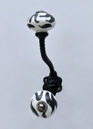 Black and White Zebra Stripe Ceramic Knob With Metal Wall Hanger