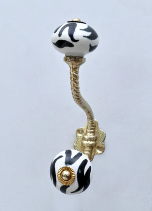 Black and White Zebra Stripe Ceramic Knob With Metal Wall Hanger