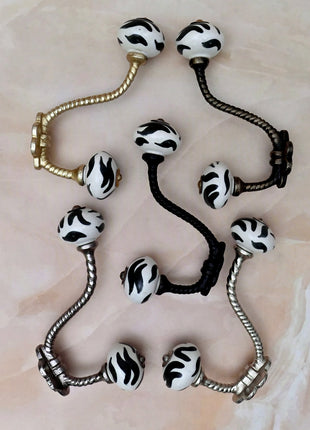 Black and White Zebra Stripe Ceramic Knob With Metal Wall Hanger
