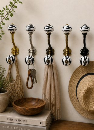 Black and White Zebra Stripe Ceramic Knob With Metal Wall Hanger