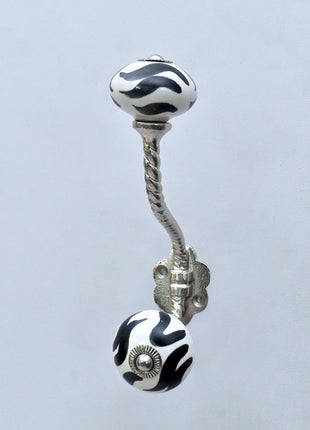 Black and White Zebra Stripe Ceramic Knob With Metal Wall Hanger