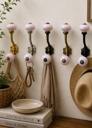 Solid Blush Pink Ceramic Knob With Metal Wall Hanger
