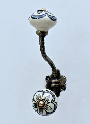 Black Design on Off White Ceramic Knob With Metal Wall Hanger
