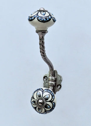 Black Design on Off White Ceramic Knob With Metal Wall Hanger