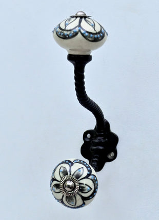 Black Design on Off White Ceramic Knob With Metal Wall Hanger