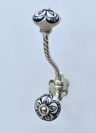Black Design on Off White Ceramic Knob With Metal Wall Hanger