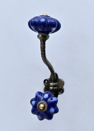 Royal Blue Polka Dot Pumpkin Ceramic Knob With Metal Wall Hanger