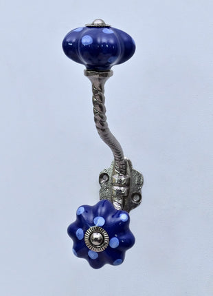 Royal Blue Polka Dot Pumpkin Ceramic Knob With Metal Wall Hanger