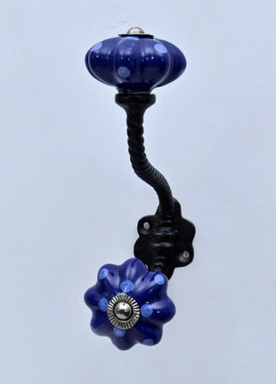 Royal Blue Polka Dot Pumpkin Ceramic Knob With Metal Wall Hanger