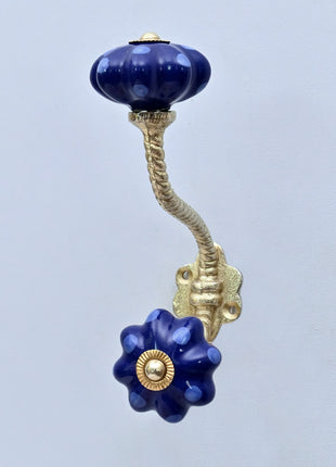 Royal Blue Polka Dot Pumpkin Ceramic Knob With Metal Wall Hanger