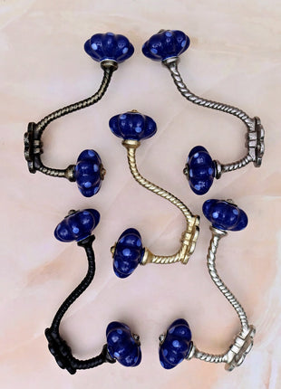 Royal Blue Polka Dot Pumpkin Ceramic Knob With Metal Wall Hanger