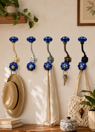Royal Blue Polka Dot Pumpkin Ceramic Knob With Metal Wall Hanger
