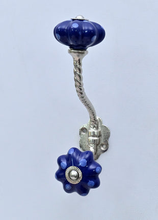 Royal Blue Polka Dot Pumpkin Ceramic Knob With Metal Wall Hanger