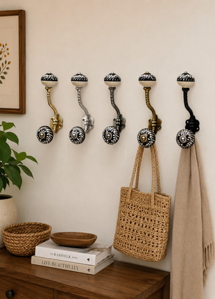 Black and Off-White Swirl Ceramic Knob With Metal Wall Hanger