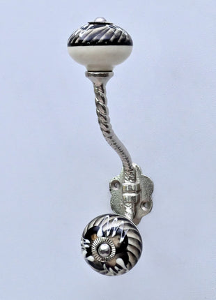 Black and Off-White Swirl Ceramic Knob With Metal Wall Hanger