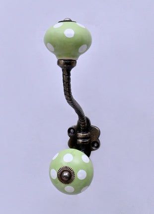 Olive Green & White Polka Dot Ceramic Knob With Metal Wall Hanger