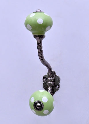Olive Green & White Polka Dot Ceramic Knob With Metal Wall Hanger