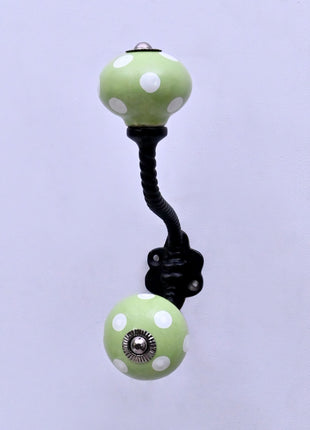 Olive Green & White Polka Dot Ceramic Knob With Metal Wall Hanger