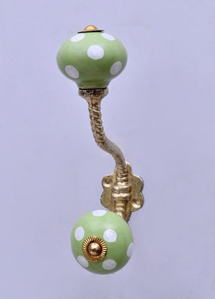 Olive Green & White Polka Dot Ceramic Knob With Metal Wall Hanger