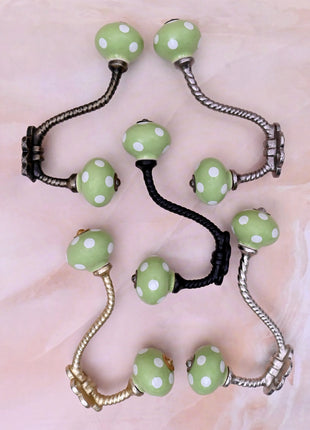 Olive Green & White Polka Dot Ceramic Knob With Metal Wall Hanger