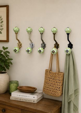 Olive Green & White Polka Dot Ceramic Knob With Metal Wall Hanger