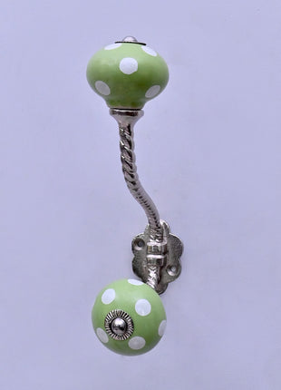 Olive Green & White Polka Dot Ceramic Knob With Metal Wall Hanger