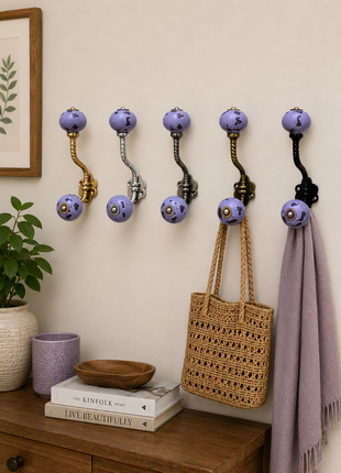 Mottled Lavender Purple Ceramic Knob With Metal Wall Hanger