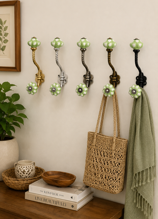 Heart Shape on Light Green Ceramic Knob With Metal Wall Hanger