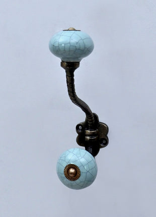 Crackle Glazed Light Blue Ceramic Knob With Metal Wall Hanger