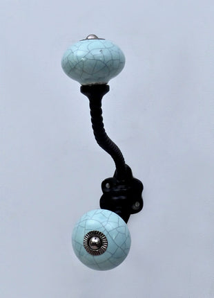 Crackle Glazed Light Blue Ceramic Knob With Metal Wall Hanger