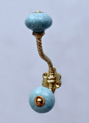 Crackle Glazed Light Blue Ceramic Knob With Metal Wall Hanger