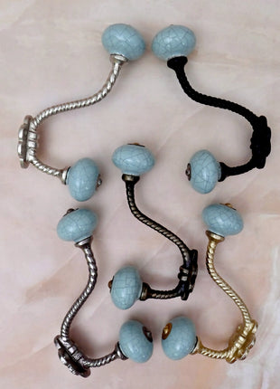 Crackle Glazed Light Blue Ceramic Knob With Metal Wall Hanger