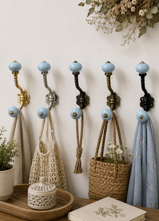 Crackle Glazed Light Blue Ceramic Knob With Metal Wall Hanger