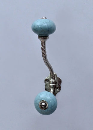 Crackle Glazed Light Blue Ceramic Knob With Metal Wall Hanger