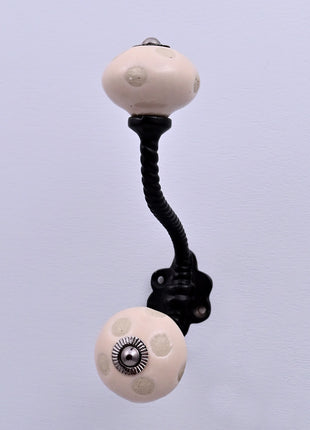 Off White Polka Dot Ceramic Knob With Metal Wall Hanger