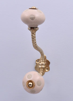 Off White Polka Dot Ceramic Knob With Metal Wall Hanger