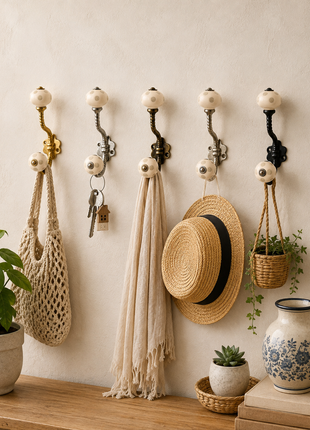 Off White Polka Dot Ceramic Knob With Metal Wall Hanger